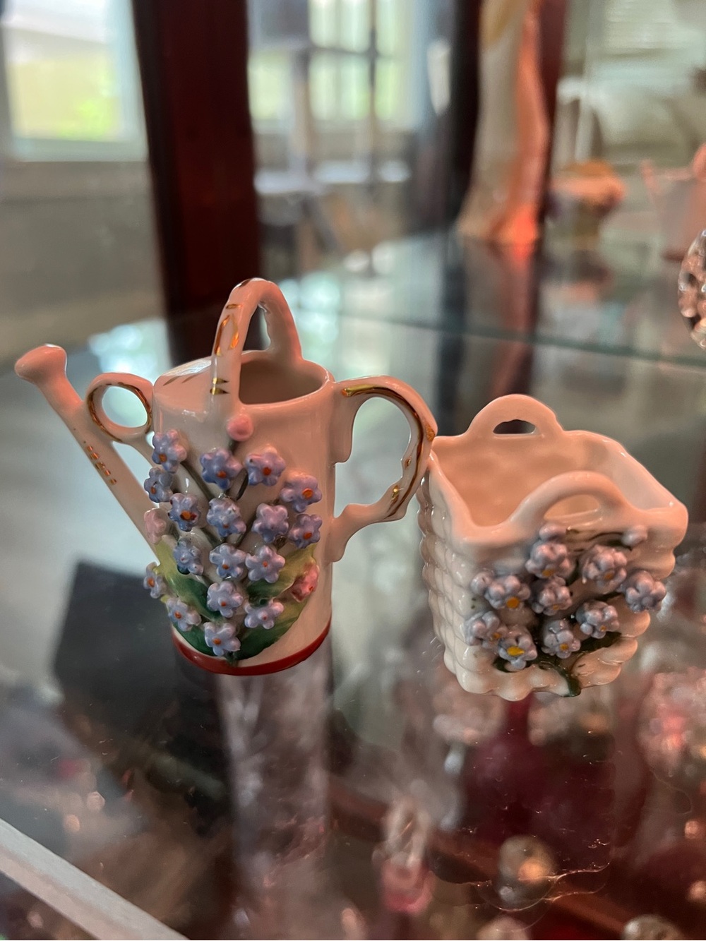 2 VTG German Elfinware Lustre Porcelain Mini Blue flowers Basket & Watering Can